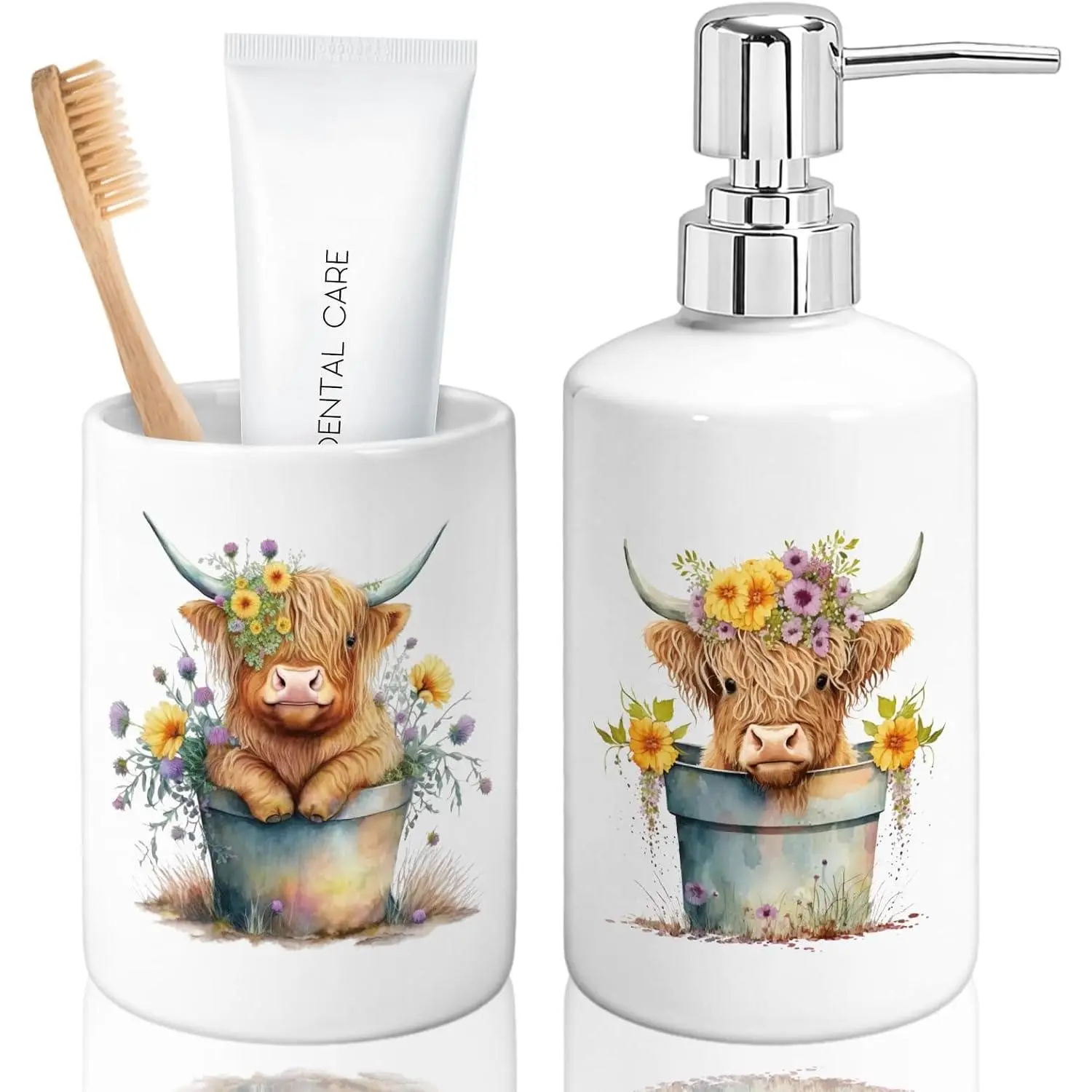 FYSUIMU Watercolor Art Highland Cow Bathroom Set - Decorative Ceramic Toothbrush Holder, Plastic Soap Dispenser with Artwork for Modern Countertop Decor, Ideal Gift