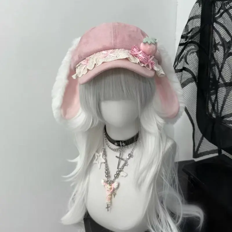 Cute Fluffy Bunny Ear Newsboy Cap, Strawberry Lace Bow Decor Hat, Sweet Lolita Style Soft Casual Fashion Hat for Girls