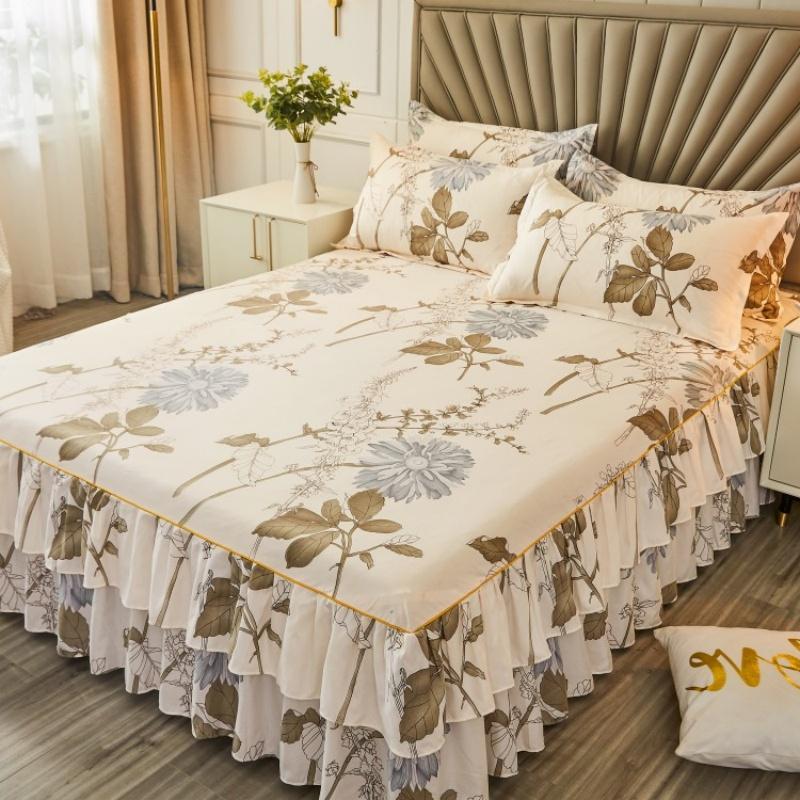 Floral Print Ruffled Edge Bed Skirt Set, 2/3-piece Set Including 1 Bed Skirt and 1 or 2 Pillowcases (without Filler), Soft, Comfortable, Breathable Decorative Bedding Set for Home, Bedroom and Hotel