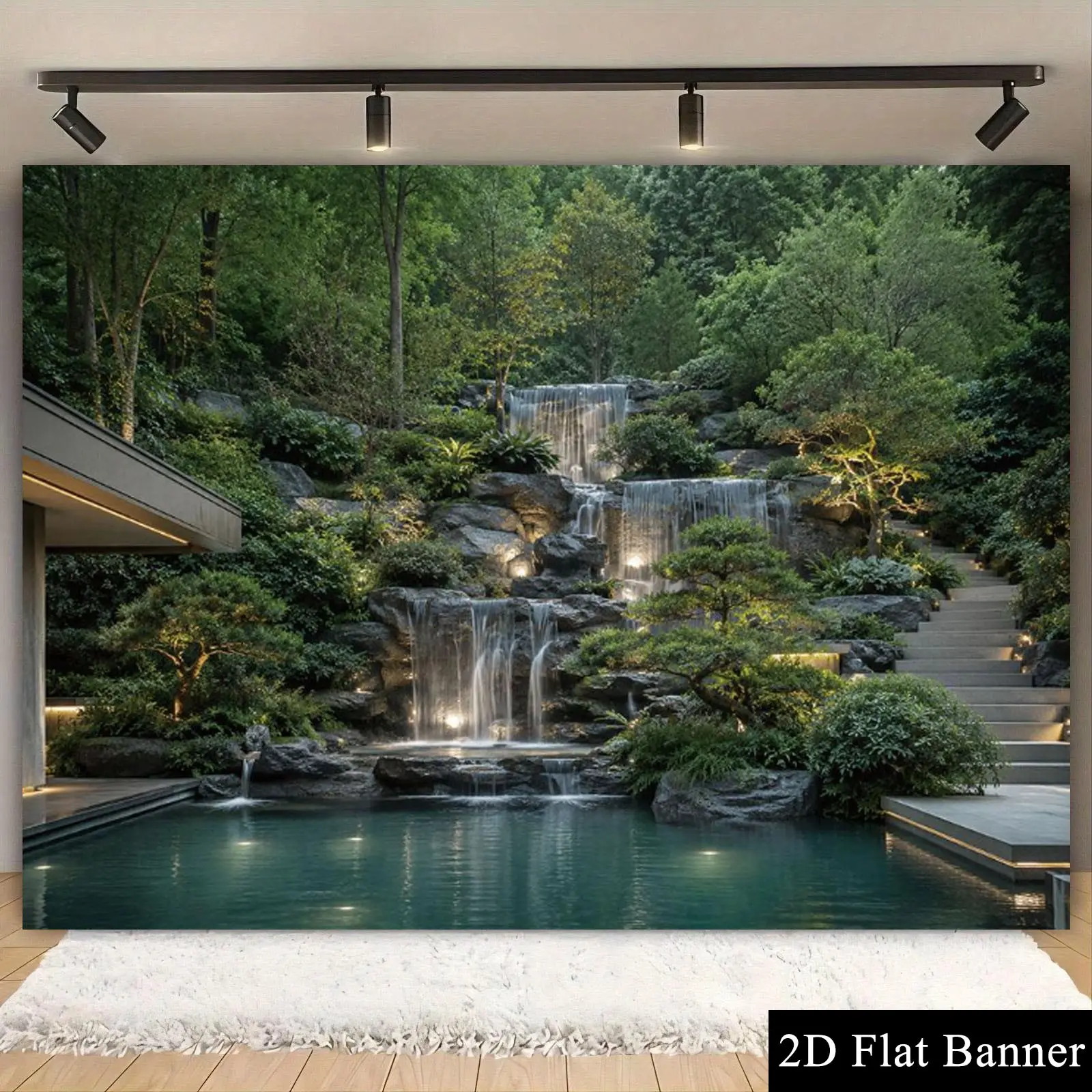 Garden Waterfall 2D Banner, Hyperrealistic Villa Courtyard Landscape, Single-Sided Polyester Material, Metal Grommets for Easy Hanging