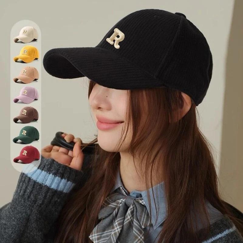 1pc Corduroy Baseball Cap with 3D Embroidered 'R' Letter Maillard Color Palette Adjustable StructuredHat Stylish Accessory Women