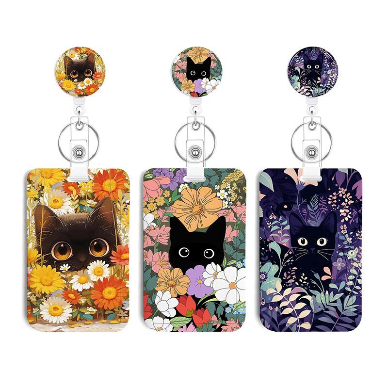 3-piece set Black Cat Badge Clip with Retractable Reel Expandable ID Card Holder with Name Clip ID Card Holder Suitable for Teachers, Nurses, Doctors, Students, Office Workers