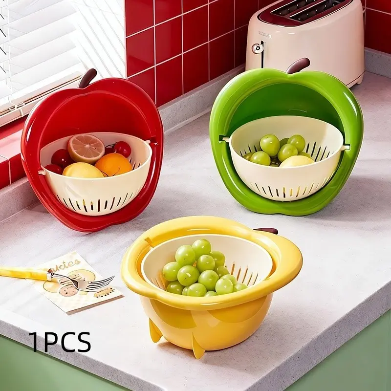 Cute Apple Shape 2 in 1 Rotatable Drain Basket, Fruit Vegetable Washing Colander, Food Filter, No Precious Metal Plating
