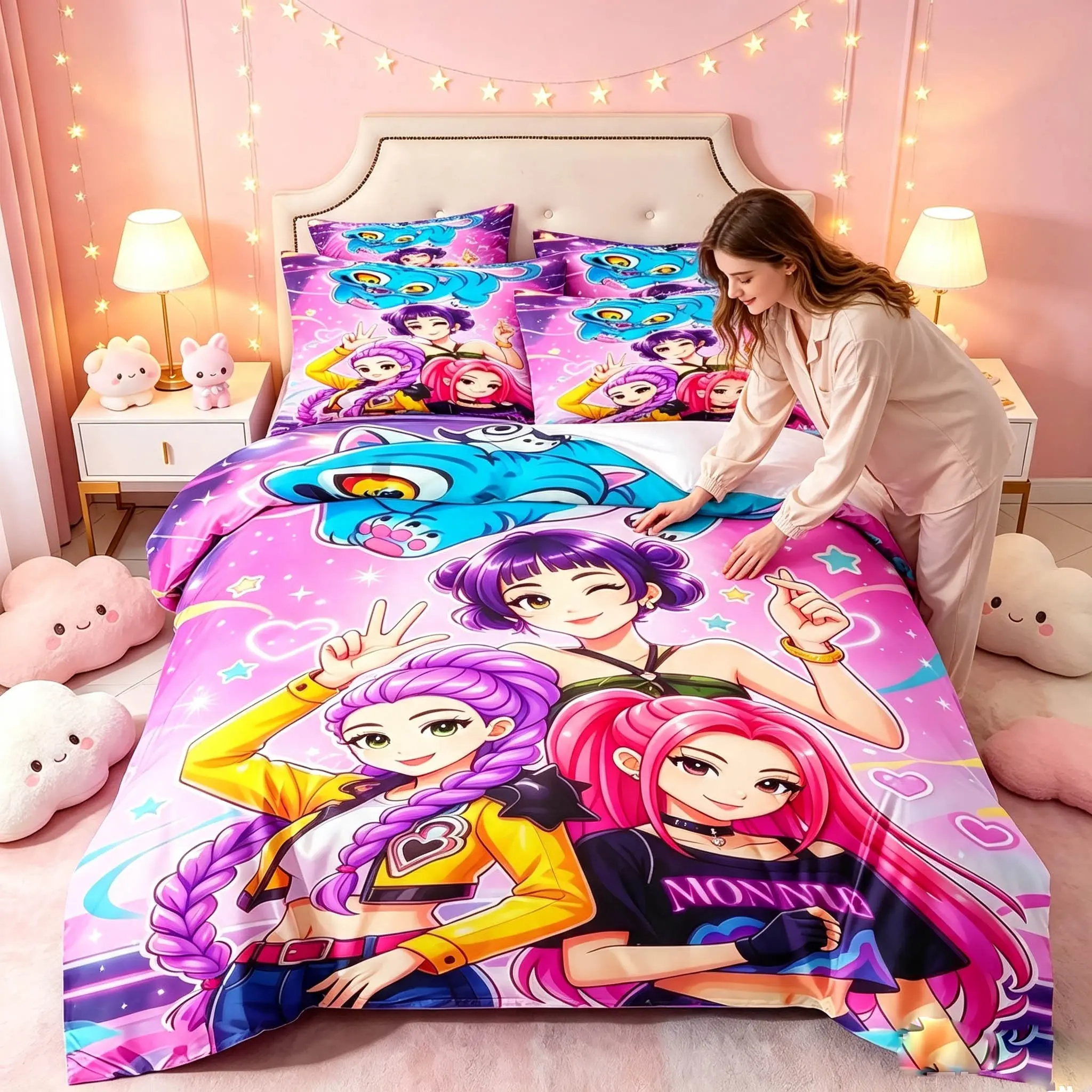 3-Piece Kpop Bedding Set, Devil Hunter Girl Group Pattern, Soft Quilt Cover and Pillowcases, Single/double Size, Perfect Gift for Fans