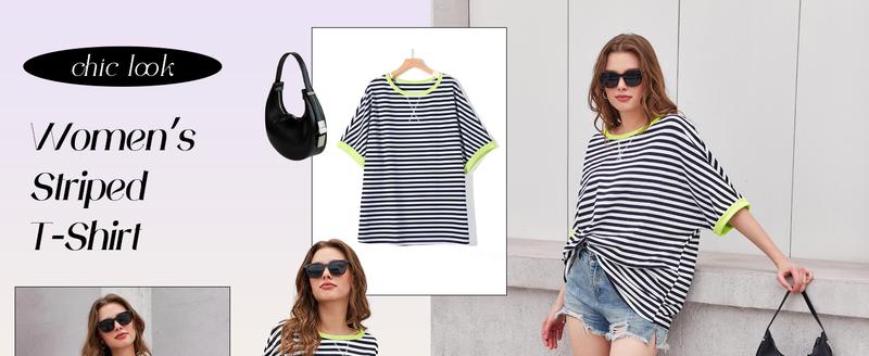 Imily Bela Womens Striped Oversize T-Shirt Casual Half Sleeve Color Block Tunic Summer Crew Neck Tee Tops