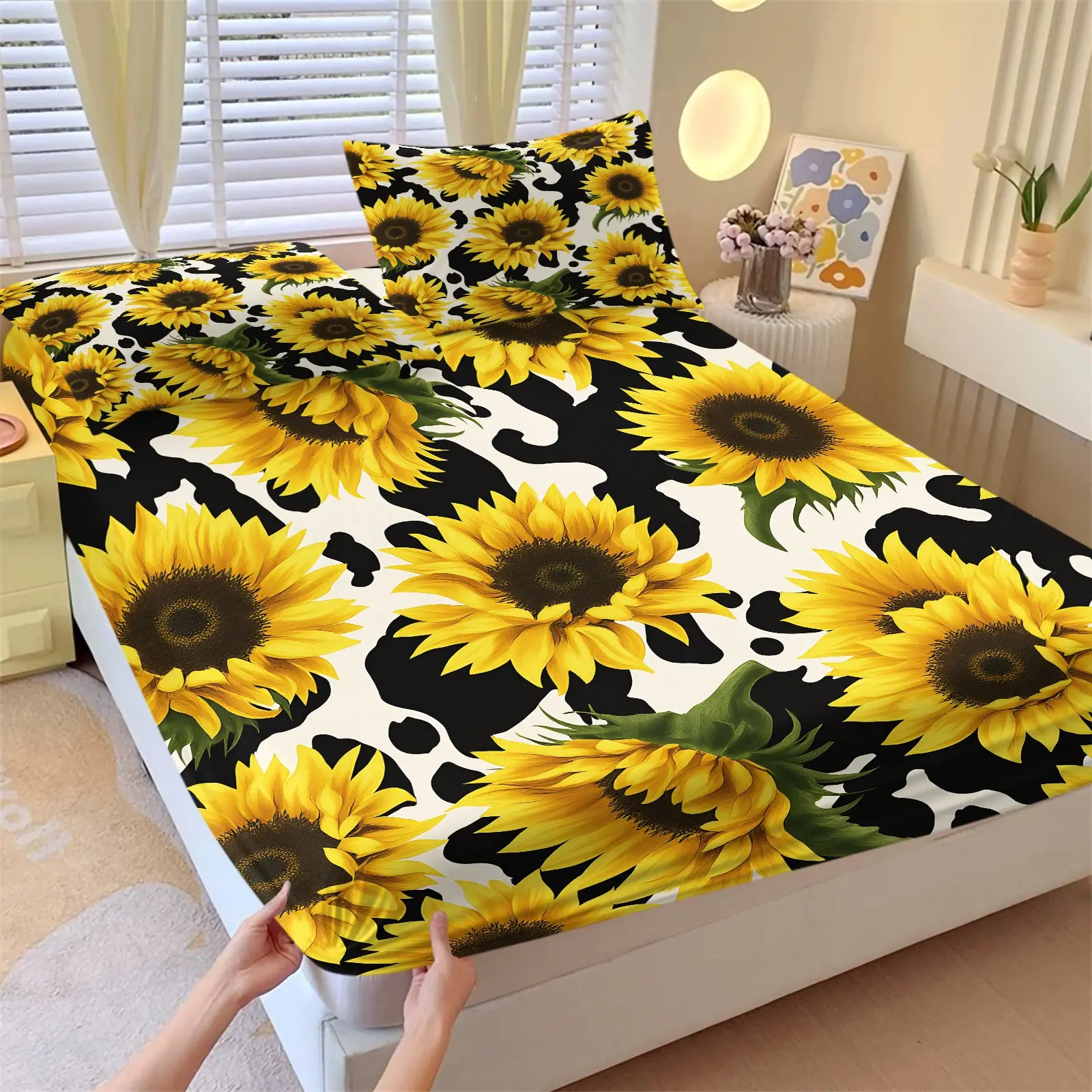 Full Print Sunflower Black White Cow Print Fitted Sheet Set, 1 Fitted Sheet + 2 Pillowcases, Deep Pocket Non-Slip Mattress Protector, Soft Breathable All Season Bedding, Western Rustic Farm Floral Animal Print For Teen Girls Bedroom Decor