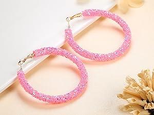 FUNRUN 4Pairs Hot Pink Earrings for Women Statement Earrings Geometric Heart Drop Hoop Earrings Boho Long Tassel Dangle Earrings