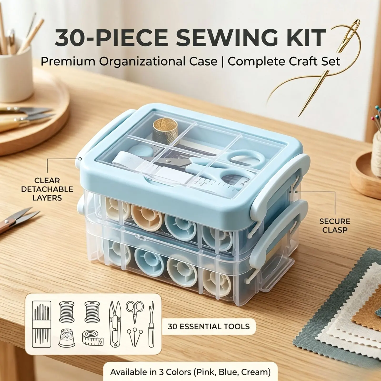 30pcs/set Sewing Kit Set, Household Mending Sewing Kit, Portable Large Three-Layer Handmade Sewing Storage Box, Portable Three-Tier Sewing Bag with Clear Storage Case Fabric Organizer for Sewing Supplies