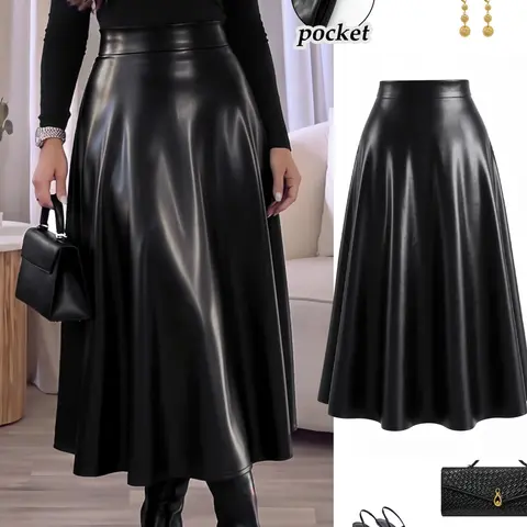 Plus Size Women’s PU Leather Maxi Skirt, High Waisted A Line Long Skirt with Elastic Waistband and Pockets, Faux Leather Flared Swing Skirt for Everyday Wear, Work, Date Night, Party and Fall Winter Outfits