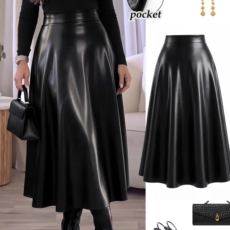 Plus Size Women’s PU Leather Maxi Skirt, High Waisted A Line Long Skirt with Elastic Waistband and Pockets, Faux Leather Flared Swing Skirt for Everyday Wear, Work, Date Night, Party and Fall Winter Outfits