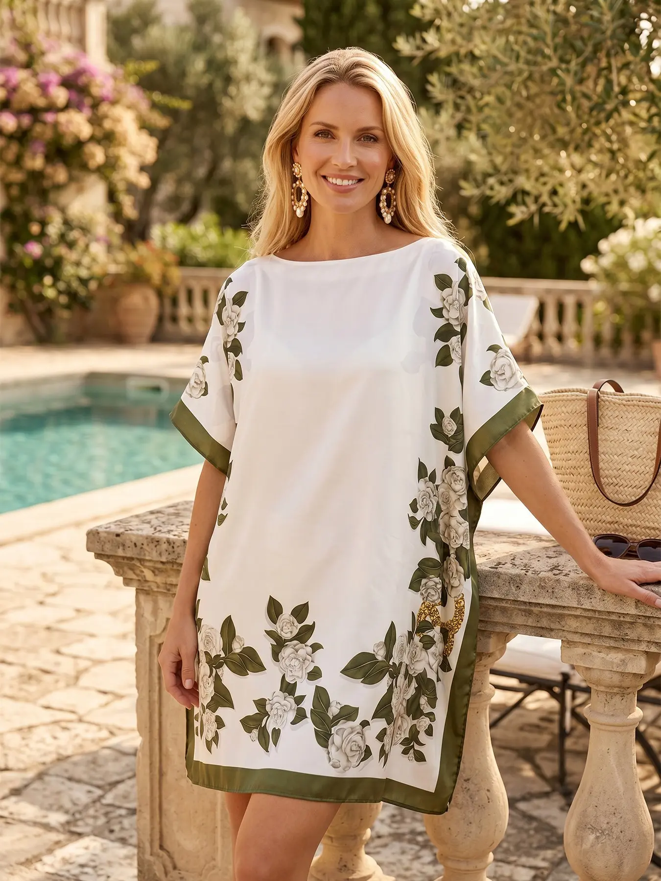 Elegant White and Green Floral Kaftan Dress - Summer Resort Vacation Outfits for Women, Loose Fit Satin Tunic Dress