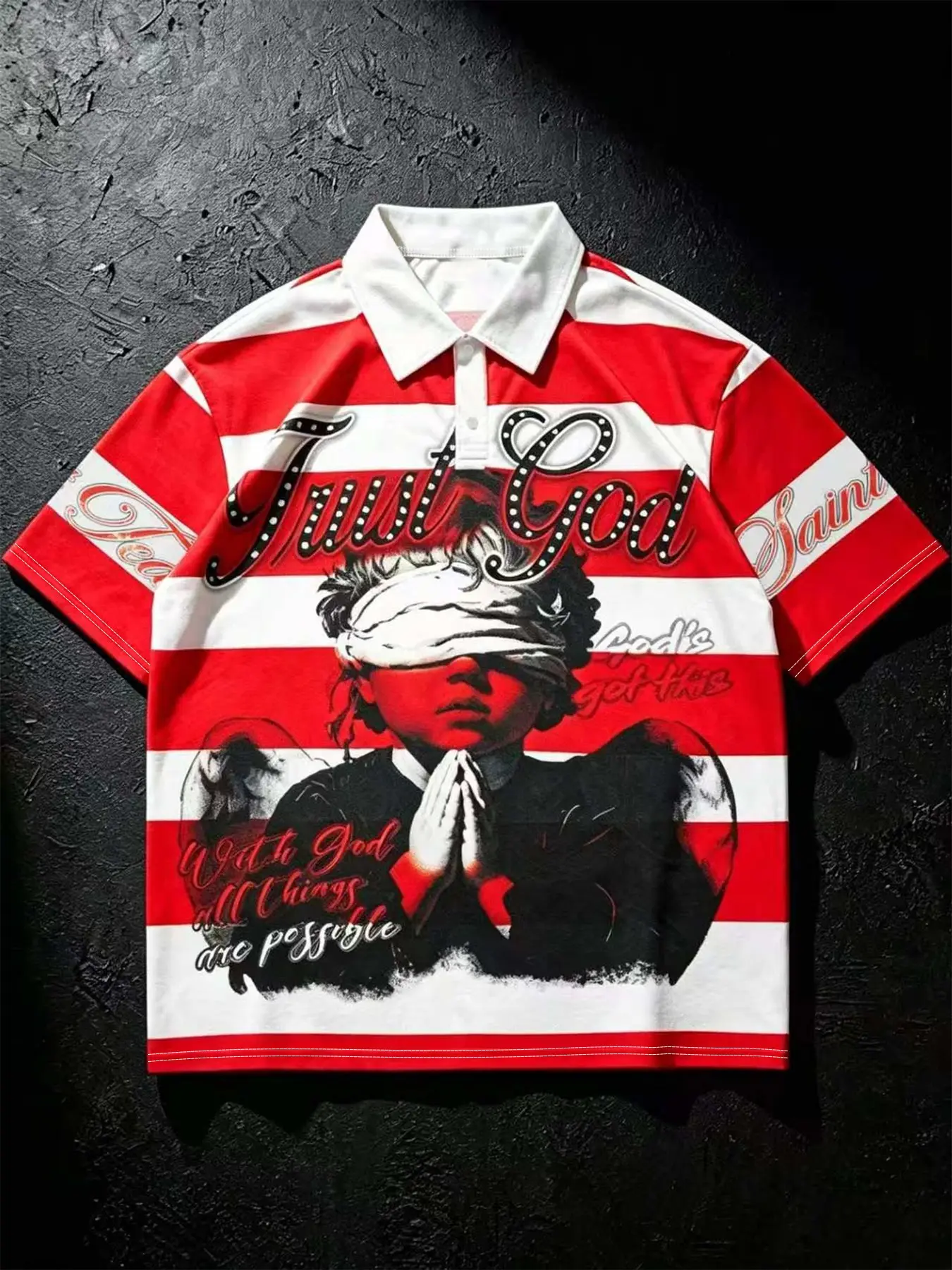 Striped Angel Rhinestone Polo Shirt, Trust God Letter Print, Loose Fit Short Sleeve, Street Style Knit Polo