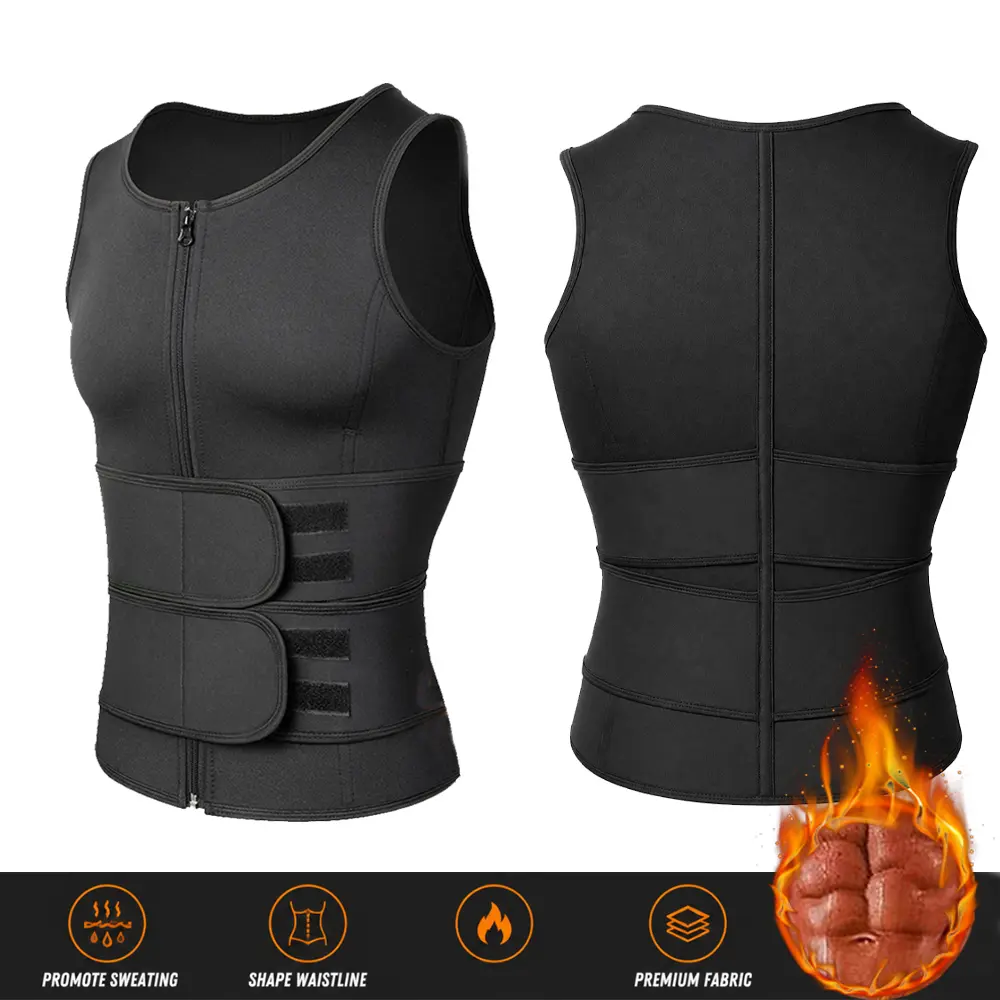 Men's Belted Neoprene Sauna Vest Waist Trainer - Sleeveless Sporty Design Compression Body Shaper Tank Top