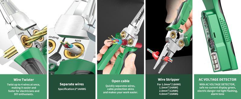 8 in 1 Wire Stripper Twister for Cutting and Pulling Wires, Cable Scissors,Voltage Tester Pliers, 12V to 250V Live,Null,Hot Wire Judgment AC DC, Audible and Flashing LED Alarms