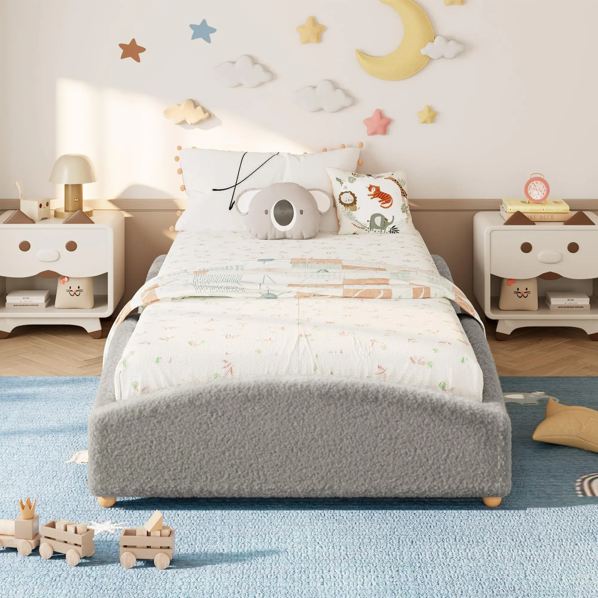Garvee Twin Size Upholstered Floor Bed in Grey with Soft Teddy Fabric and Cloud Shaped Guardrails, Low Profile Platform Design with Wooden Slats, Ideal Modern Nursery Bed for Boys and Girls