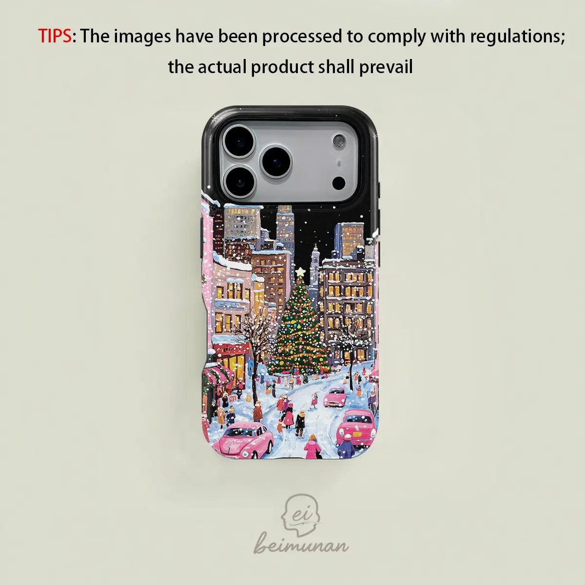 Retro American-Style City Christmas Tree Pink & White Snowflakes Personalized Phone Case, 2-in-1 Sturdy Shockproof MagSafe-Compatible Cover, Mobile Phone Accessories Casing for iPhone 17/16/15/14/13/12/11 Pro Max/Plus/Pro, Protection, Devices