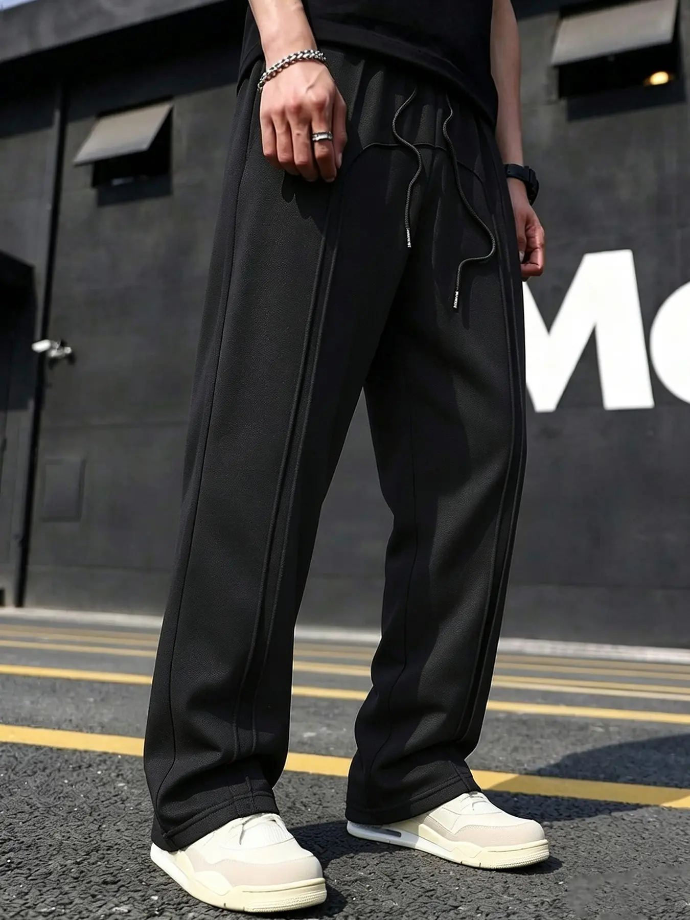 Men's All Season Solid Black Seam Stitch Wide Leg Sweatpants, Elastic Waist Adjustable Drawstring Loose Straight Casual Trousers, Soft Relaxed Fit Sweat Pants for Streetwear, Daily Commute, Walking, Shopping Errands, Light Sports, Hanging Out, Home Loung