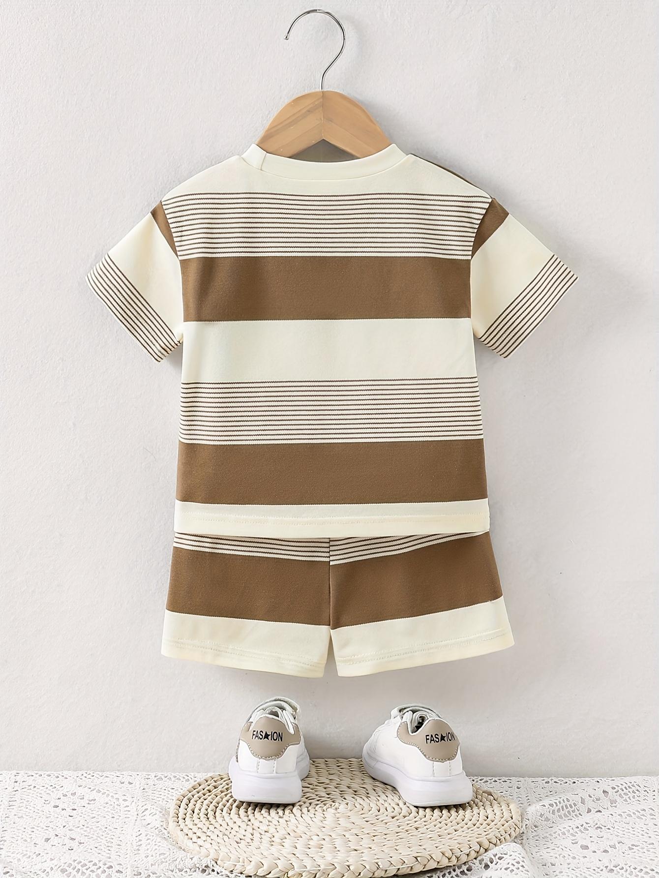 2pcs Summer Casual Baby Outfit - Brown & White Striped Shorts Set with Cute Bear Patch, Comfortable Stretch Fabric for Outdoor Play and Daily Wear, Everyday Baby Clothes |     Playful Bear Design |     Comfortable Fit, Baby Clothes