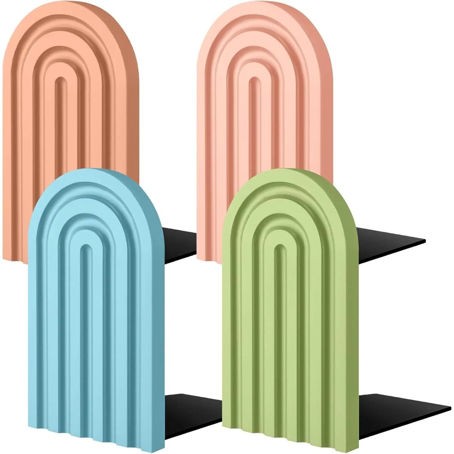 4 Pcs Boho Arch Wooden Bookends, Decorative Rainbow Book Stoppers with Non-Slip Metal Base, 5x3x4 Inches, Cute Shelf Decor for Heavy Books, Home Office Study Desk Organizer(Bright Color)