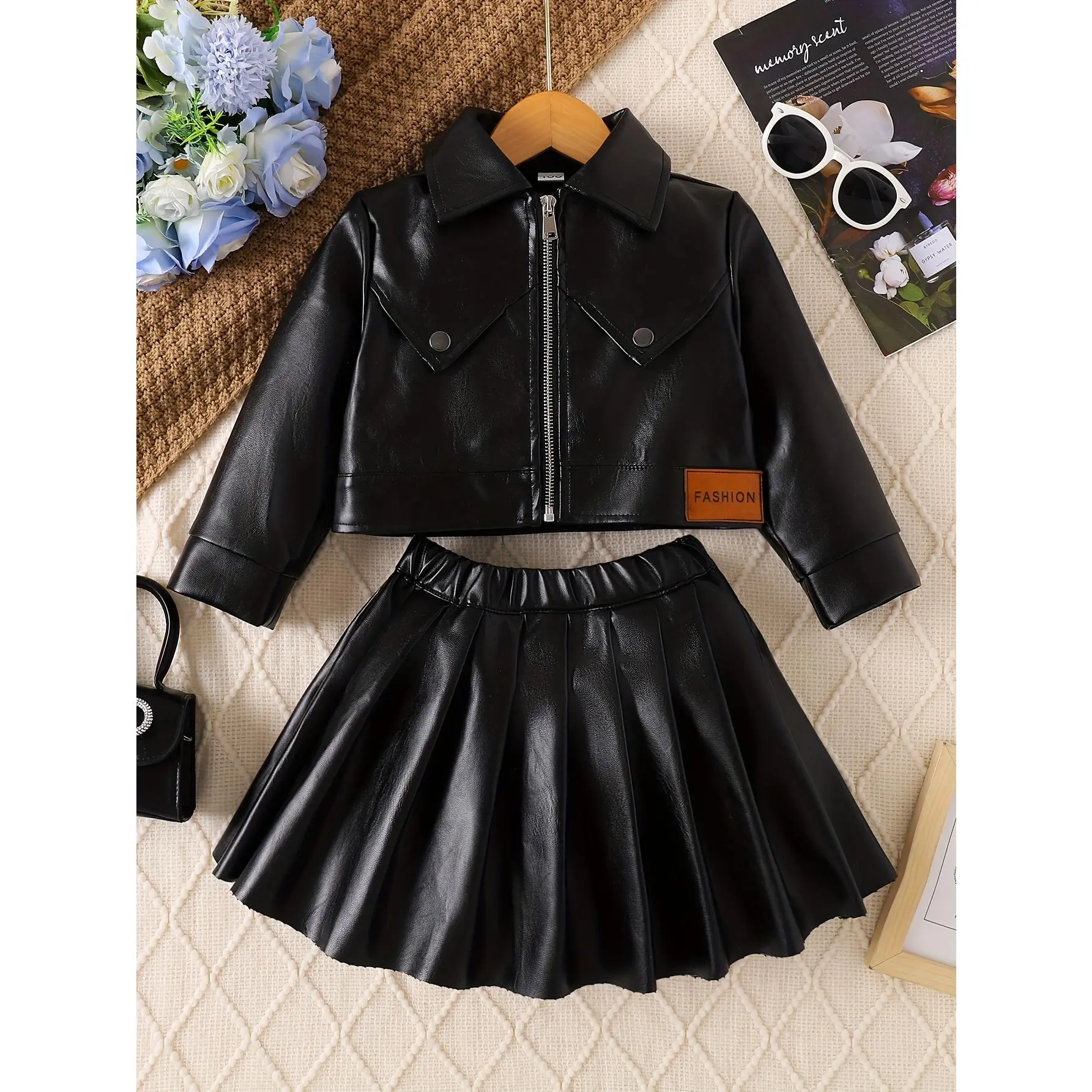 Girls' PU Jacket/Skirt 2pcs Set, Spring/Autumn Street Style Skirt 2pcs Set, Fall School-Friendly PU Leather Outfit