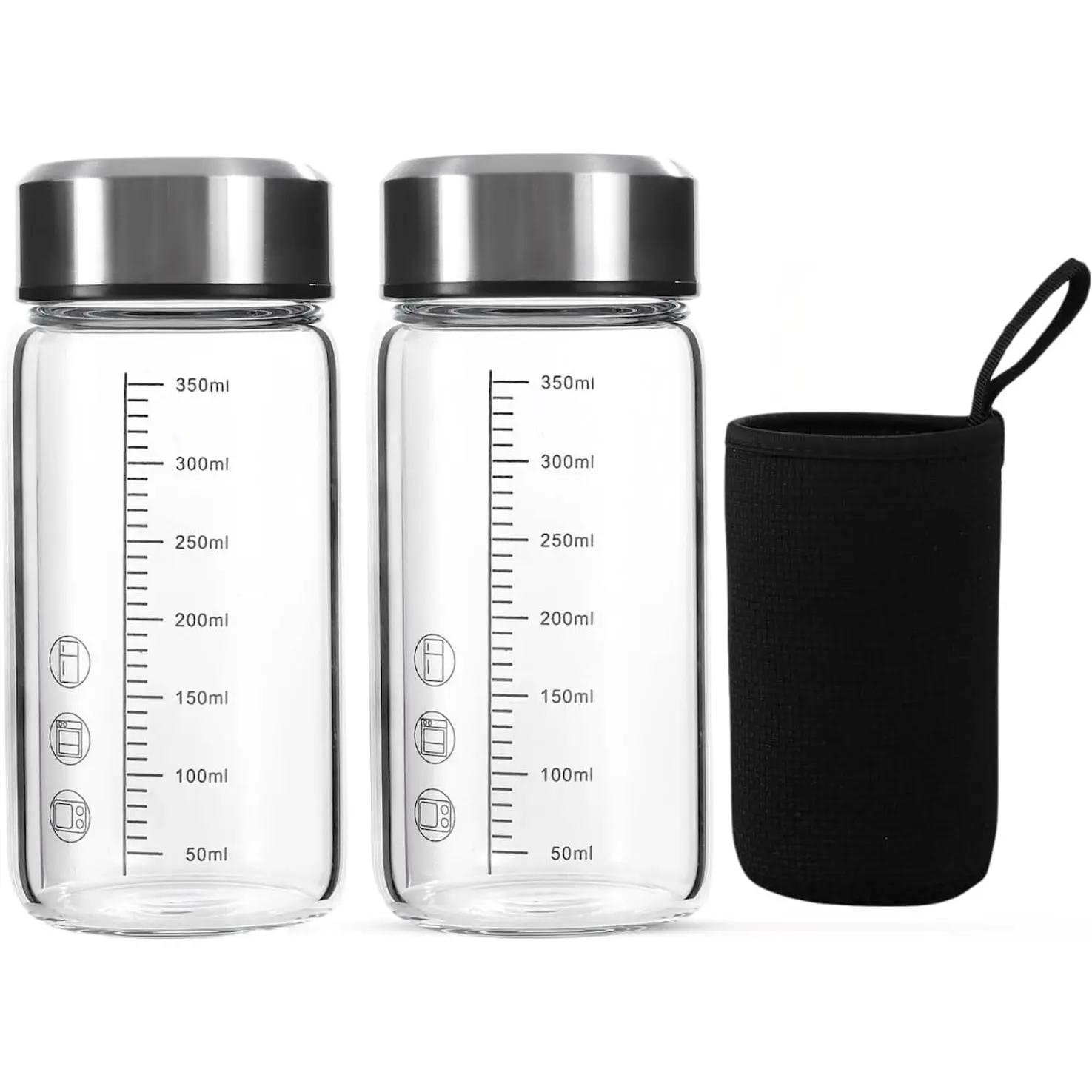 2 Pack 12Oz Small Glass Water Bottles with Lids and Sleeves, 3.8mm Thick Glass Shaker Bottles for Protein Mixes, Juicing, Smoothies, Infused Water, Reusable Milk & Beverage Bottles