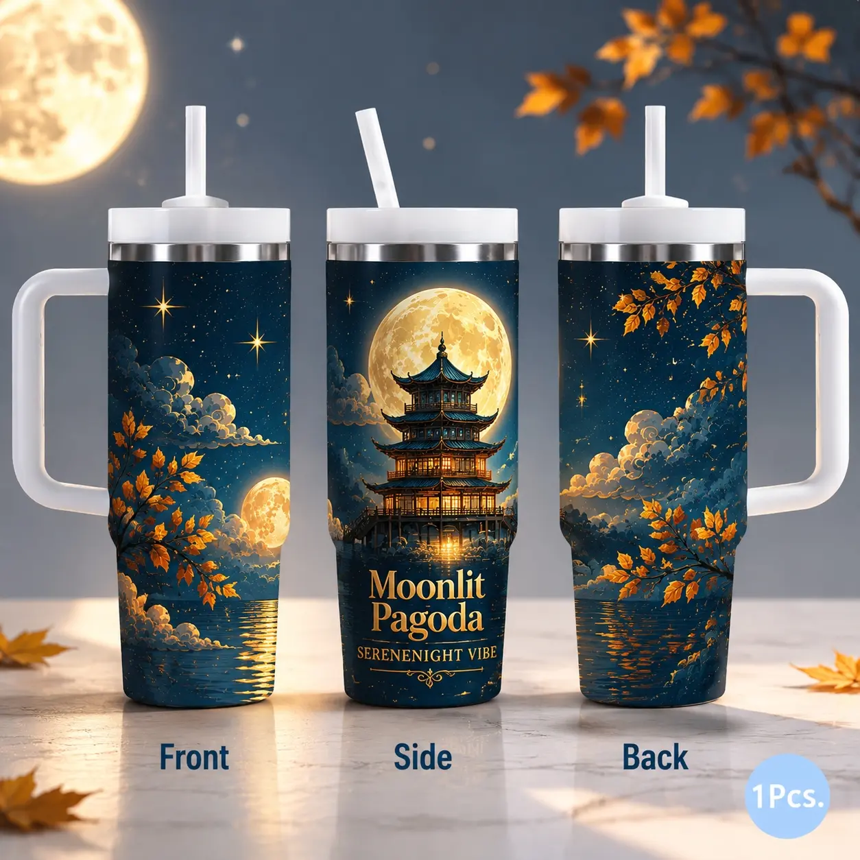 "Moonlit Pagoda" Fantasy Art Vacuum Flasks 40oz Stainless Steel Vacuum Insulated Tumbler with Handle & Straw | Long-Lasting Cold & Heat Retention, Leak-Resistant | For Iced Coffee, Water, Office, Gym & Travel