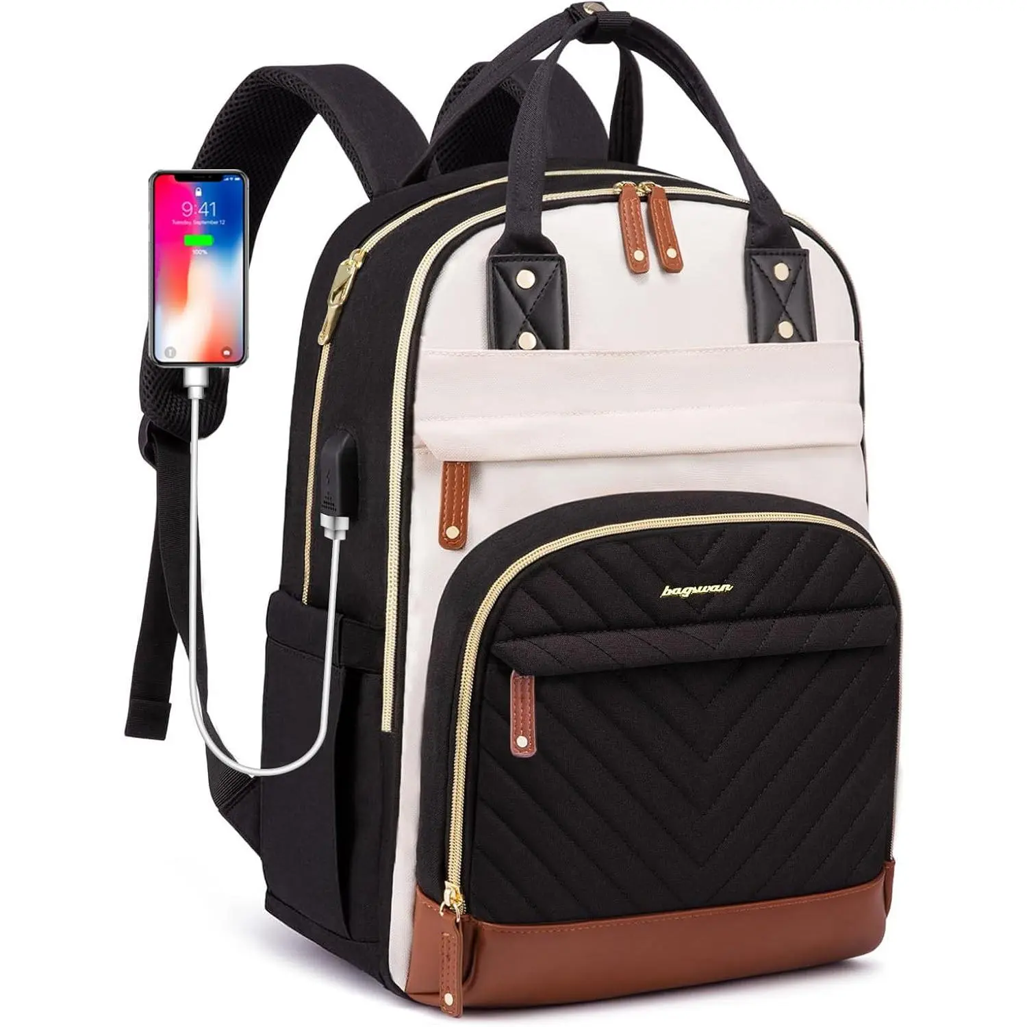 Laptop Backpack for Women Bag - 15.6 inch Work Travel Backpack with USB Charger College Bookbag Waterproof Business Computer Backpack Anti-theft Casual Backpacks for Nurse Teacher Beige Black Brown