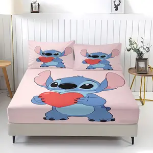 Stitch Lover Theme Cute Cartoon Pattern Bed Sheet, Comfortable Printed Pattern, Includes 1 Bed Sheet and 2 Pillowcases, Comfortable Bedding, Non slip Dust Cover Suitable for Bedroom and Guest Room, Perfect Gift for Couples and Children