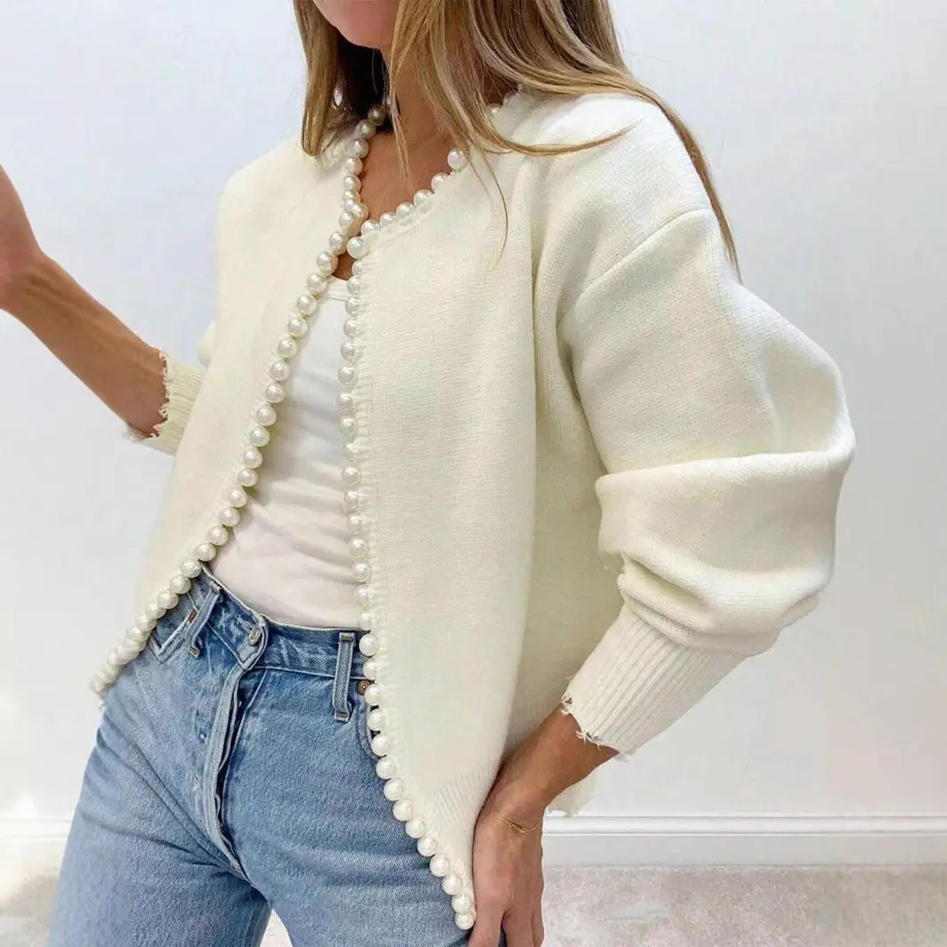 Crew neck pearl trimmed knitted sweater short long sleeve heavy industry cardigan sweater fashion coat women