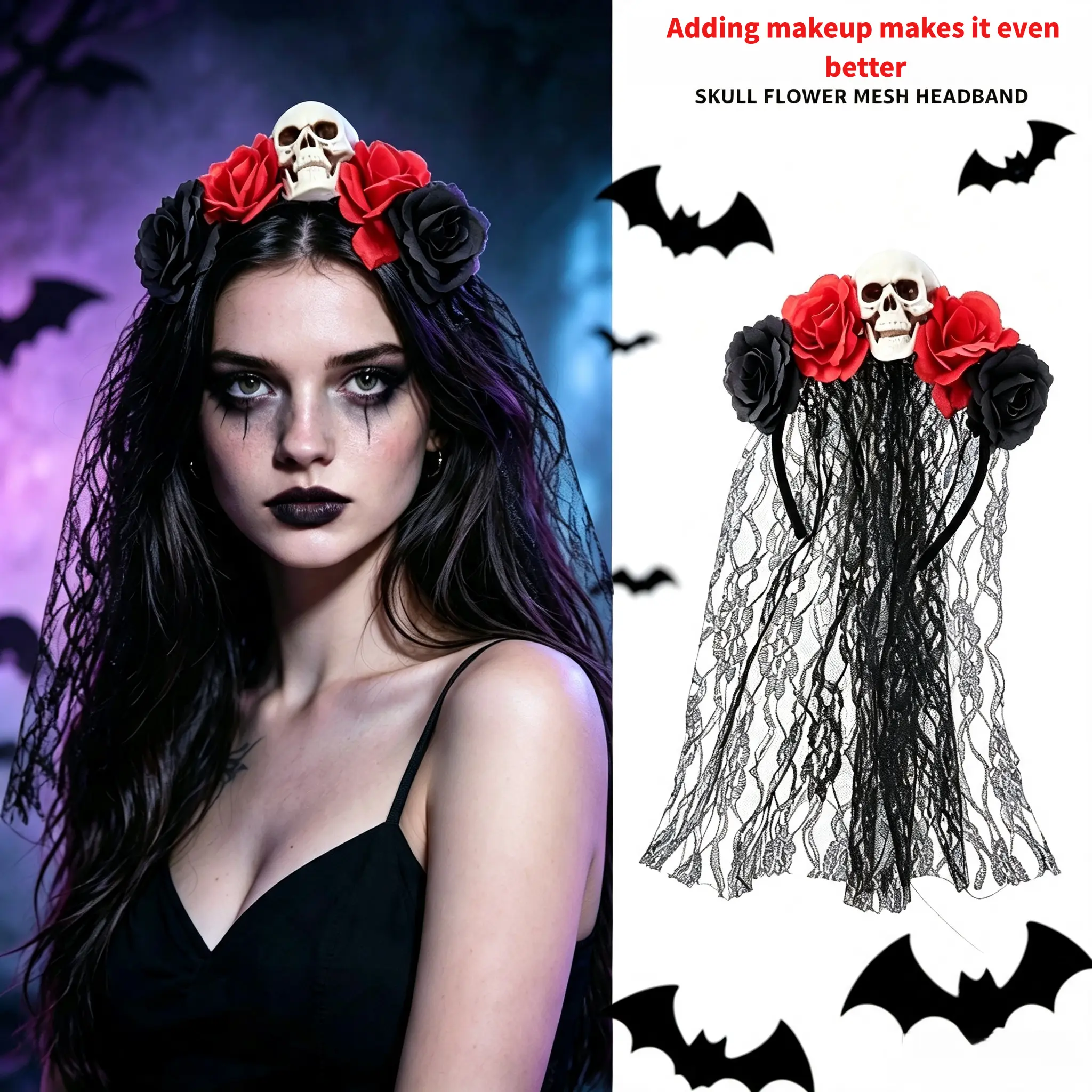 Halloween Day of the Dead Skull Floral Headband, Red & Black Rose Black Lace Veil Headpiece, Gothic Dark Bride Costume Hair Accessory for Cosplay Party