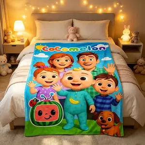 Cocomelon Cute Cartoon Mascot Flannel Blanket, Soft Warm Plush Throw Lightweight Cozy Adorable Style Blanket, Decorative Bedroom Plush Portable Cover for Kids Adults, All Season Travel Nap Blanket Birthday Gift