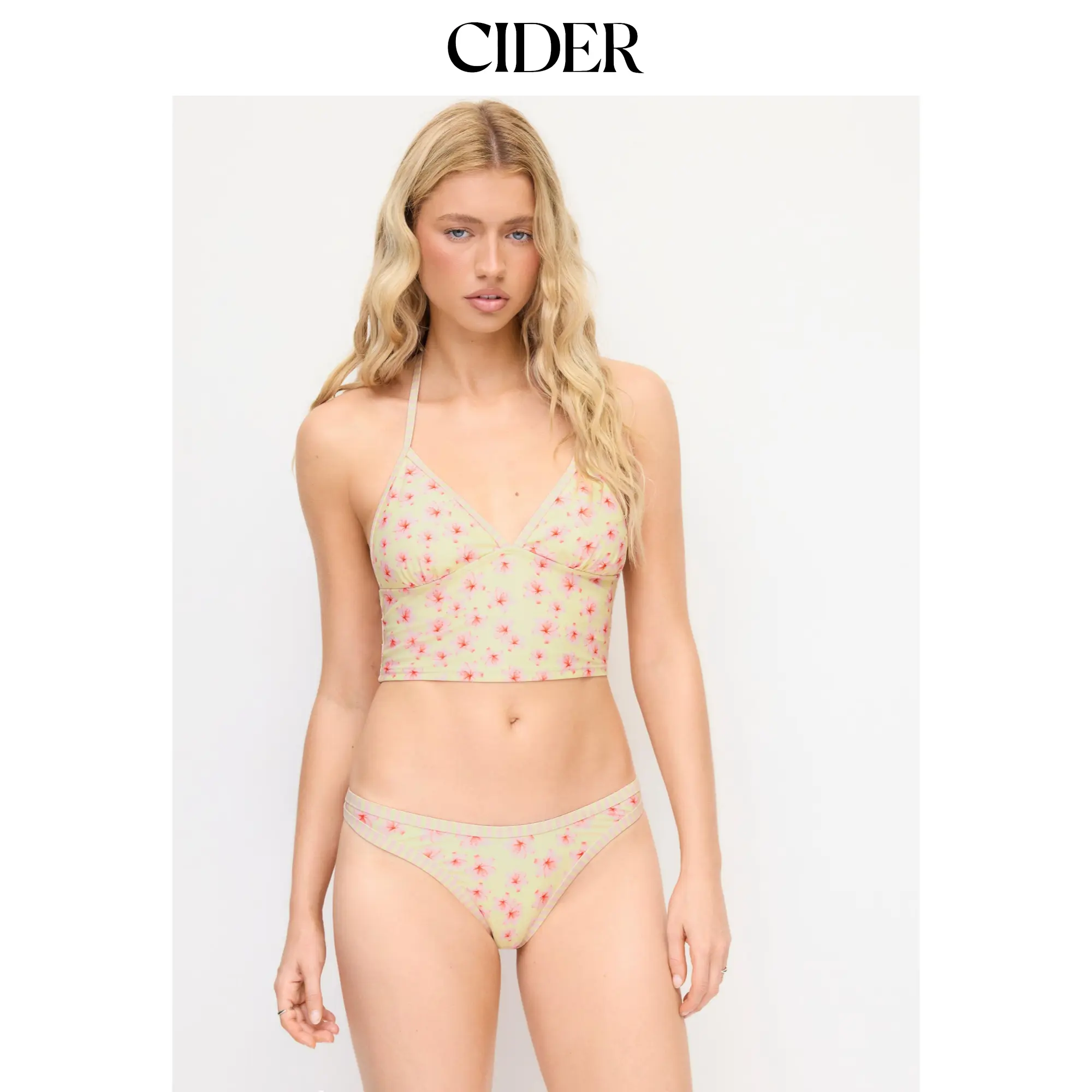 Cider Halter Neckline Floral Tie Back Cheeky Bikini Set