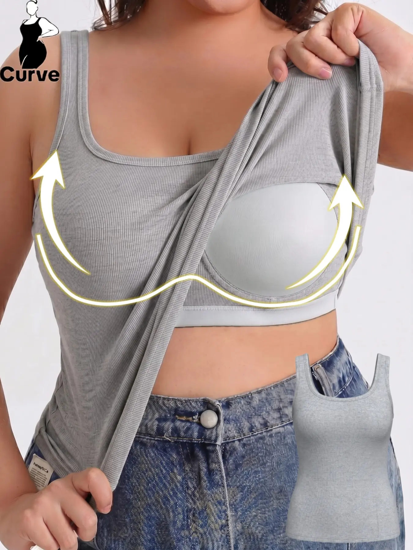 Plus Size Women's Comfortable Square Neck Built in Bra Vest, Two-In-One Pads Fashion Tank Top, All-Season Daily Wear