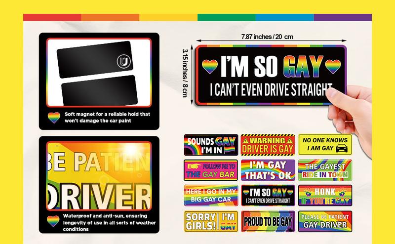 12 Pcs Gay Pride Funny Magnet Bumper Sticker LGBT Rainbow Pride Prank Magnetic Sign for Vehicle Truck Reusable Magnet Sticker for Fridge(Classic)