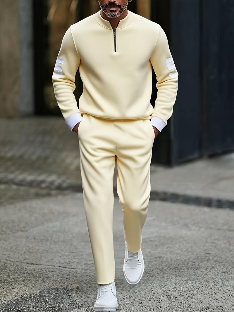 Business casual fashion men's digital printed sportswear set, featuring a street-style patterned digital half-zip sweater + pants, a two-piece men's outfit