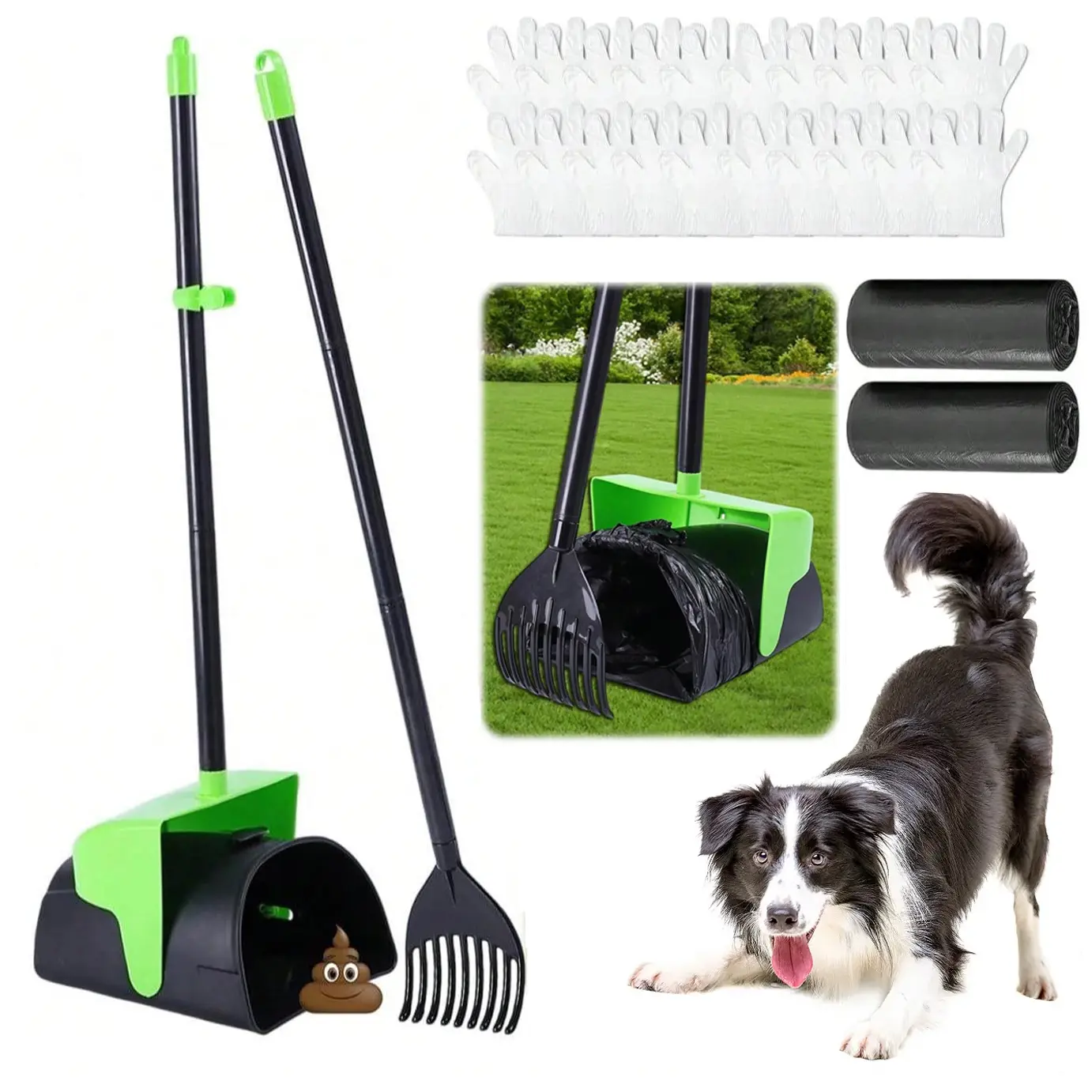 Large Swivel Pooper Scooper Cleaner Set For Large Dogs With 100 Gloves & 40 Waste Bags,Lawn No-Bend Cleanup,Rake,Spade,Long Handle Poop Scooper For High-Efficiency Outdoor Grass/Dirt Pet Waste Cleanup Broom