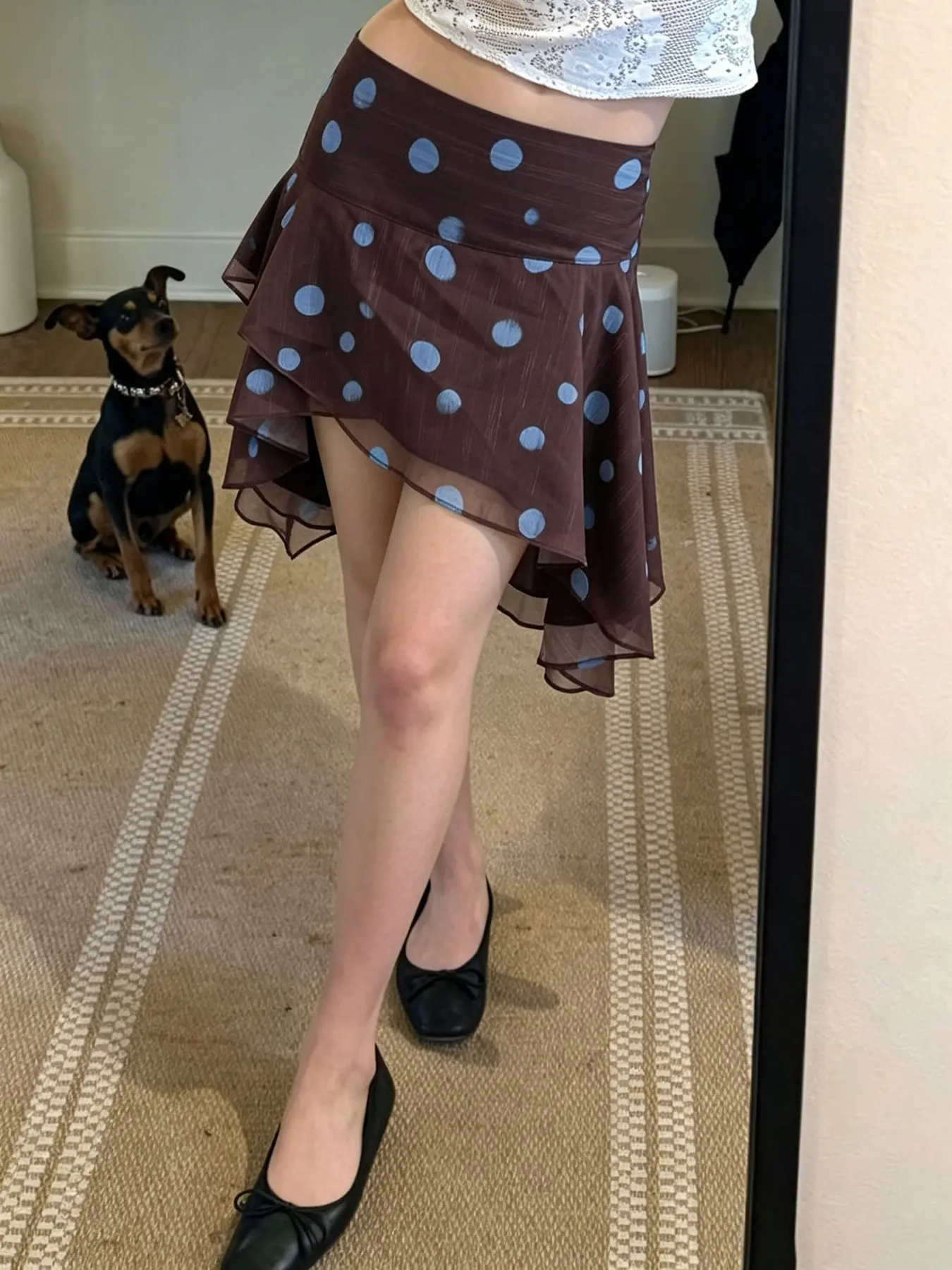 Dot Chiffon Pleated Midi Skirt Y2K Low Waist Retro Elegant Asymmetrical Design, Women's Floral Slim-Fitting Sheer Holiday Skirt