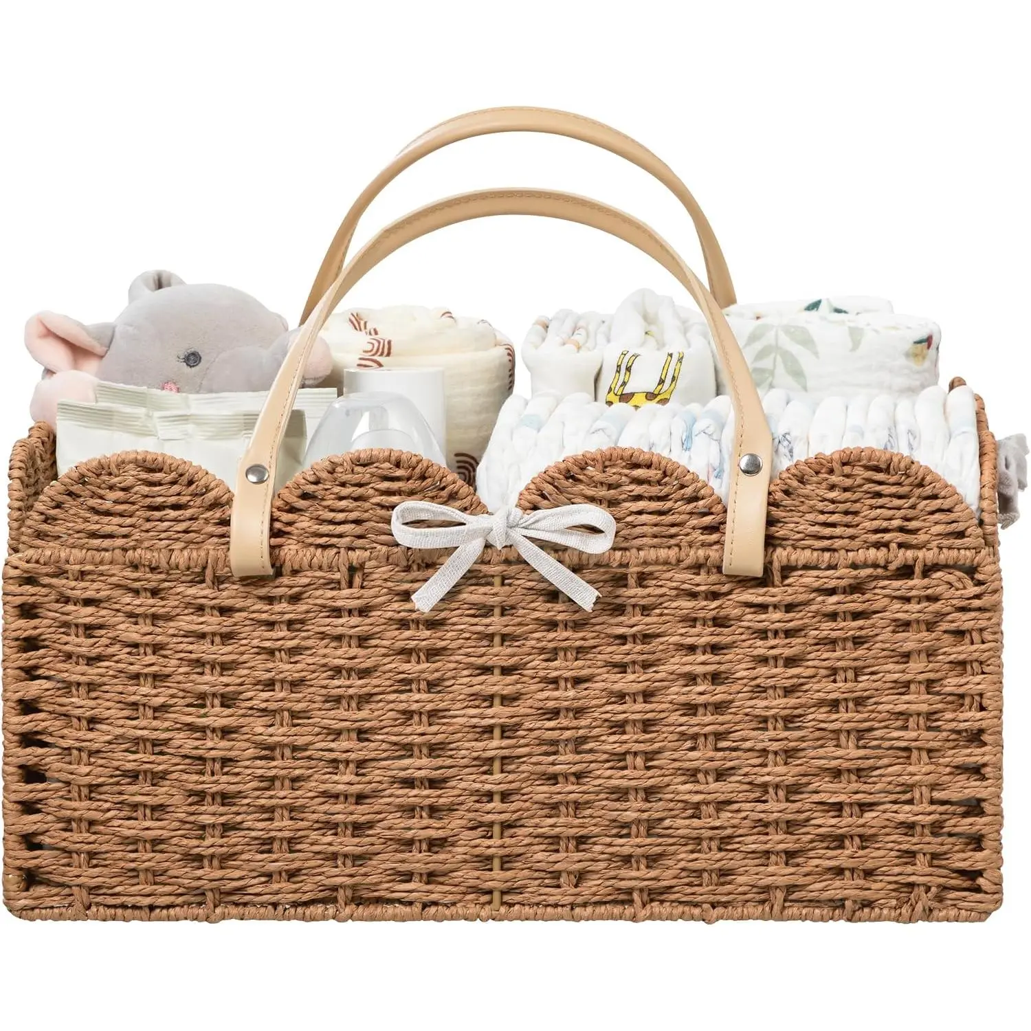 Traditional Rectangular Wicker-Rattan Baby Diaper Caddy with Metal Accents, Paper Rope Storage Bin, Removable Divider, Portable Car Organizer, Baby Shower Gift, Newborn Essential, Nursery Bin