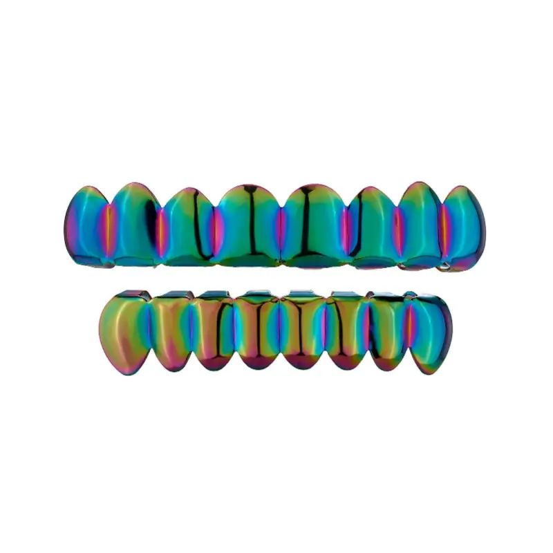 Colorful Electroplated Hip Hop Grillz, 8 Upper & 8 Lower Metal False Teeth, Trendy Oral Fashion Costume Jewelry Accessory