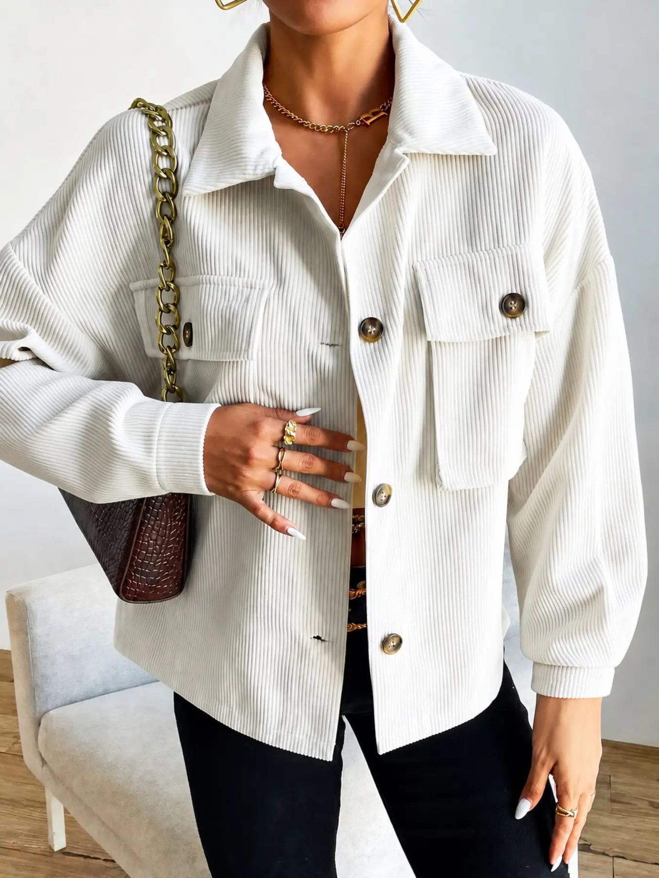 Women's Fashion Flap Pocket Drop Shoulder Corduroy Jacket, Coats, Casual Loose-Fitting Fall & Winter Outerwear, Plain Pattern Style