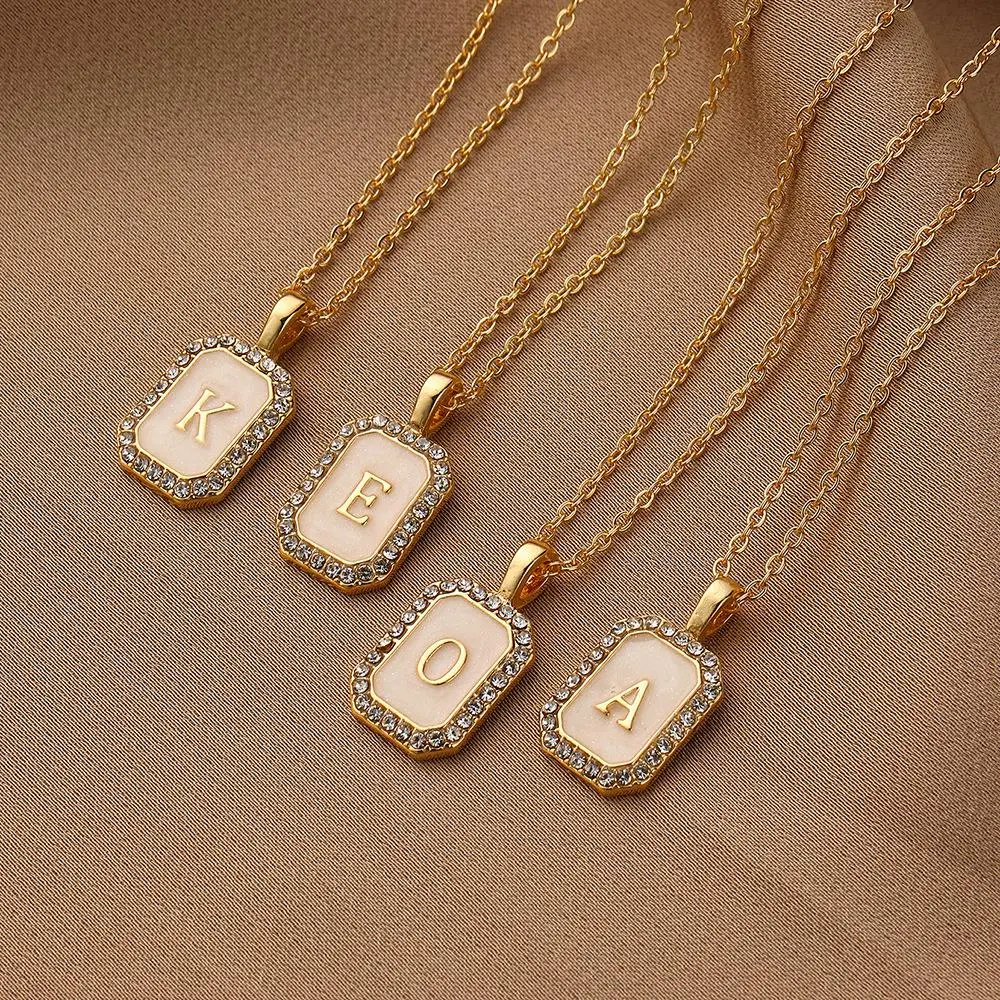 14K Gold Plated 26 Capital A-Z Shell Letter Necklace, Personalized Square Shell Pendant Inlaid Shiny Cubic Zirconia Inital Pendant Necklace Daily Vacations, Party Wear, Jewelry, Holiday Gift