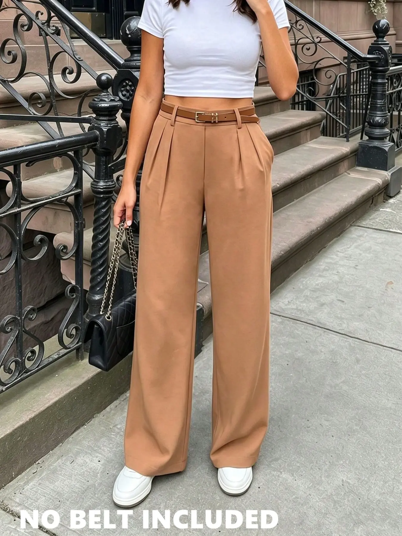 Women's Camel Color High Waist Pleated Wide Leg Suit Pants, Vintage Style, Slimming Effect, Casual Office Wear, Long Straight Fit, Casual Commuter Wear