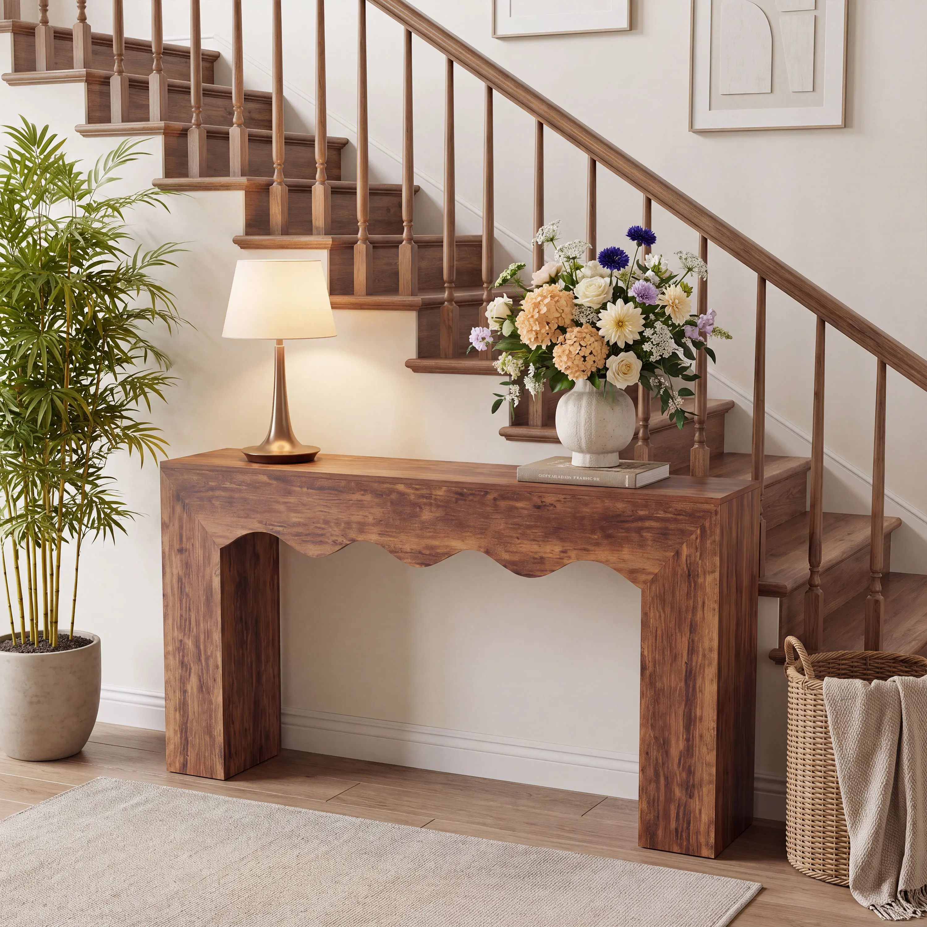 63.15" Entryway Table,Wooden Texture Farmhouse Console Table | Unique Wave Edge Design，Sturdy Square Base , Water Resistant, Farmhouse Hall Table, Elegant Texture , Easy Assembly