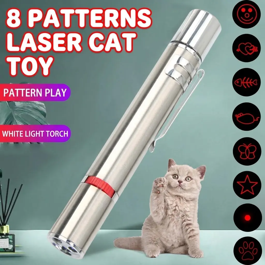 Cat Laser Pointer Toy - 8-Pattern 3-in-1 Rechargeable USB Charge Interactive Red Light Chaser with Flashlight for Indoor Cats Chase Play, Boredom Relief & Exercise Boost