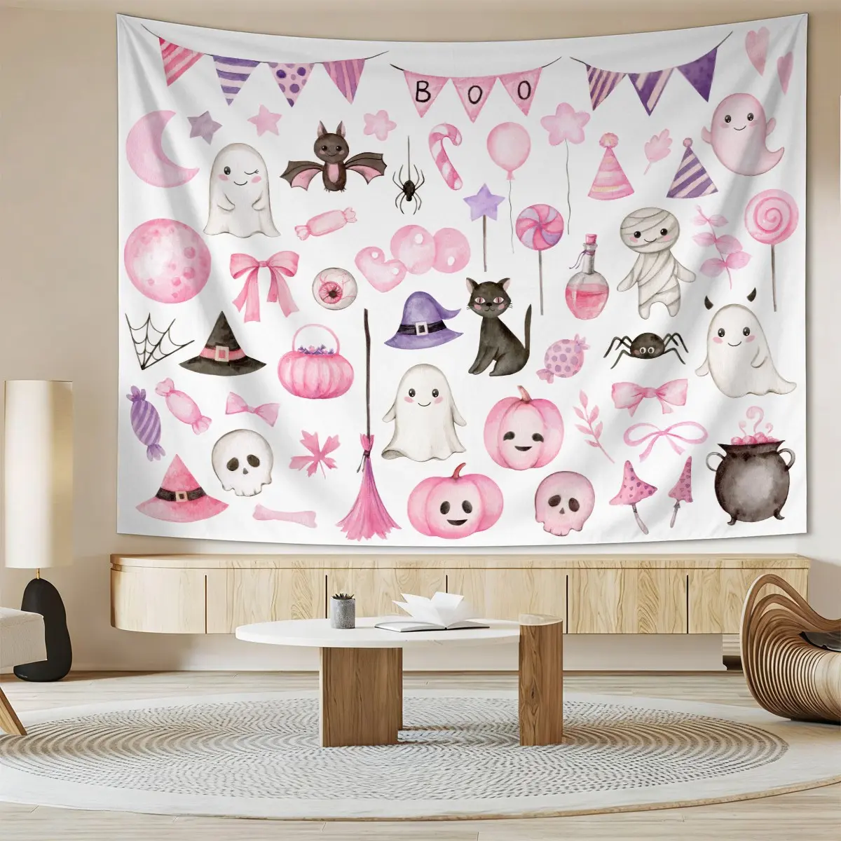Cute Macaron Pink Halloween Tapestry, Soft and Adorable Watercolor Ghost Boo Wall Hanging, Girly Pumpkin Witch Decorative Backdrop, Suitable for Bedroom, Dormitory, Party Wall Decoration.