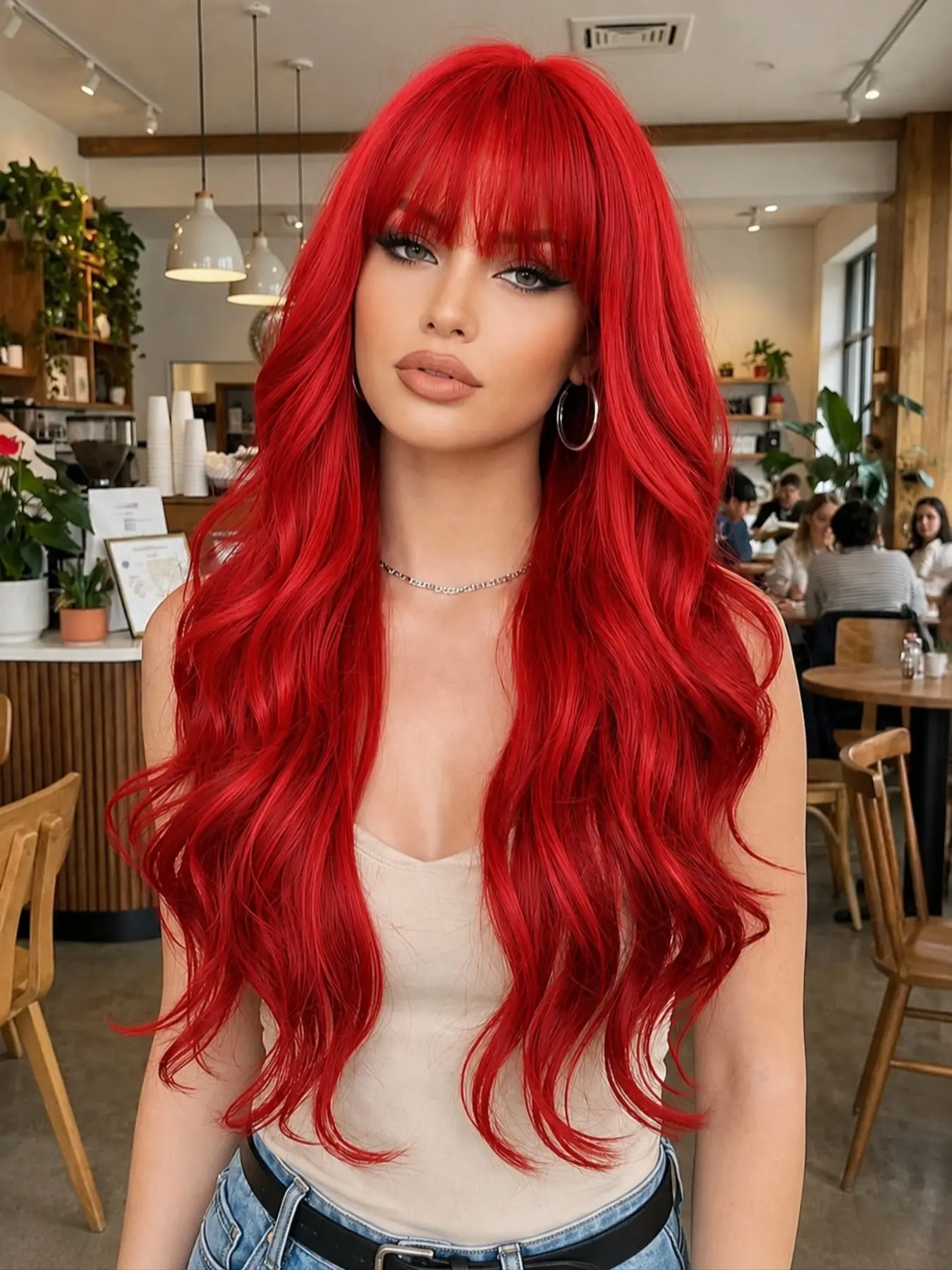 26 Inch Light Red Wavy Hair with Bangs Heat Resistant Synthetic Hair Machine-Made Wig Glueless Perfect for Daily Wear & Parties Wavy Synthetic Wigs