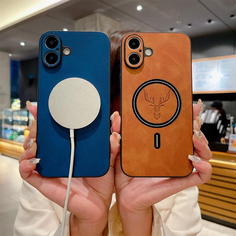 OREKROY Elk Deer Design PU Leather Phone Case For iPhone 17 16 15 14 13 12 Pro Max Shockproof Magnetic Bumper Case Compatible with Mag Safe Wireless Charging Anti-Scratch Camera Protection