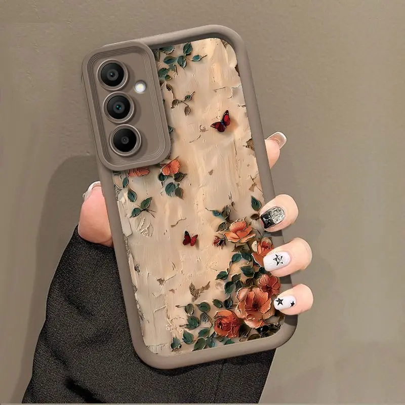 Multi-Model Soft Silicone Shockproof Phone Case, Phone Accessories with 3D Texture, Vintage Roses, Orange-Rose Red Butterfly Crack Background Print, White/Black Frame for Samsung S26 S25 S24 S23 Ultra A14 A15 A34 A54 Note20 Protective Cover