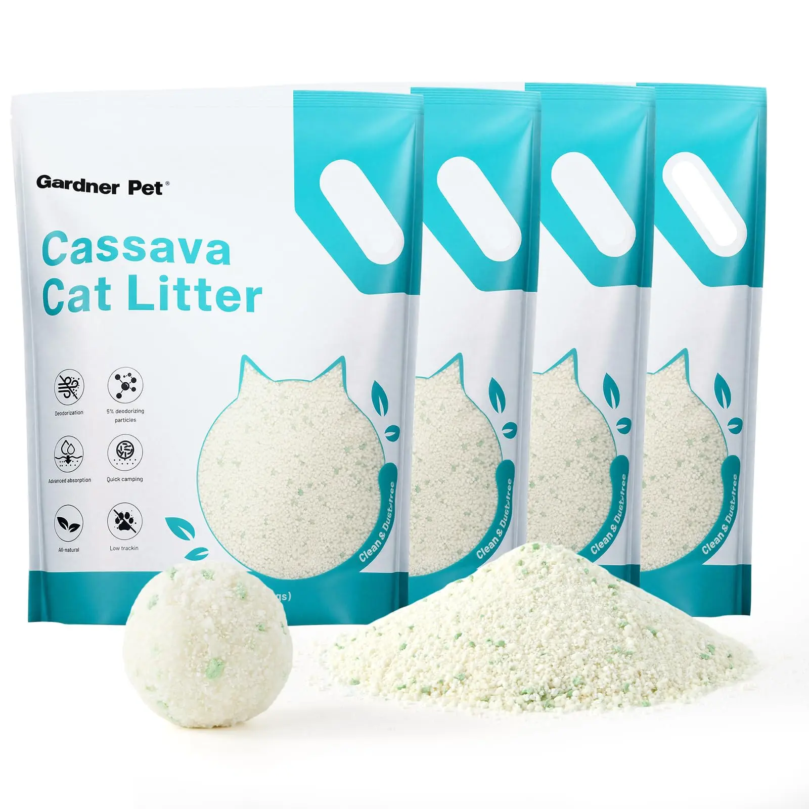 Gardner Pet Cassava Cat Litter, Tapioca Cat Litter, Odor Control| Low Dust| Natural Clumping Litter| Fast Absorption & Low Tracking Kitty Litter, Unscented with Deodorizing Pellets (9LBS*4)
