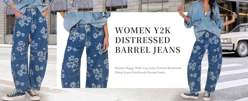 Women Y2k Distressed Barrel Jeans Baggy Wide Leg Jeans Floral Printed Boyfriend Patchwork Denim Pants2026